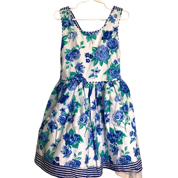 Other - Sz6X blue flowered striped dress braided trim sleeveless Easter spring summer